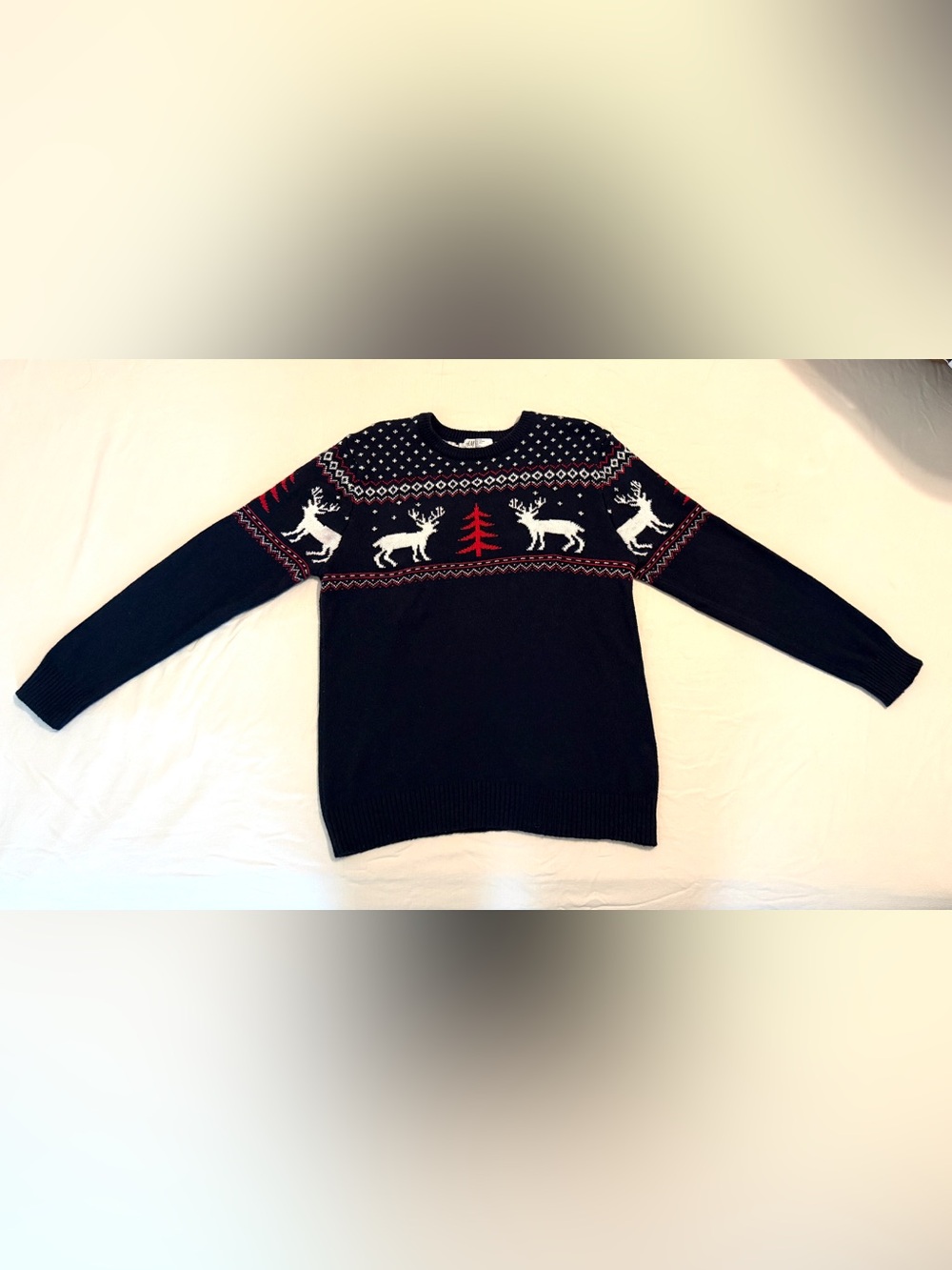 H&M Men's Navy Crewneck Reindeer and Christmas Tree Sweater with Red Accents